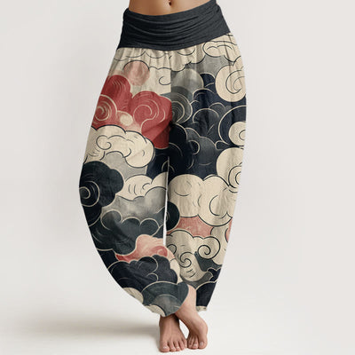 Buddha Stones Pure Cotton Casual Auspicious Clouds Pattern Women's Elastic Waist Harem Pants - Black - US22，UK/AU26，EU54 (6XL) - image 1