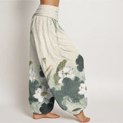 Buddha Stones Casual Ink Lotus Flower Pattern Women's Elastic Waist Harem Pants - image 2