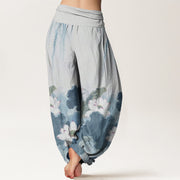 Buddha Stones Casual Ink Lotus Flower Pattern Women's Elastic Waist Harem Pants - image 11