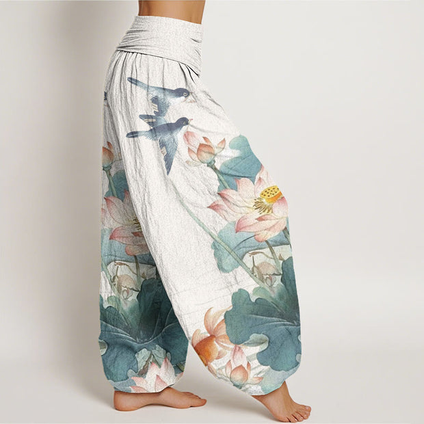 Buddha Stones Casual Summer Lotus Pond Pattern Women's Elastic Waist Harem Pants - image 2