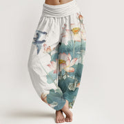 Buddha Stones Casual Summer Lotus Pond Pattern Women's Elastic Waist Harem Pants - Snow - US22，UK/AU26，EU54 (6XL) - image 1