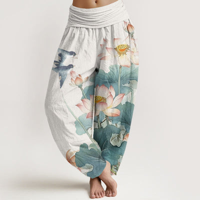 Buddha Stones Casual Summer Lotus Pond Pattern Women's Elastic Waist Harem Pants - Snow - US22，UK/AU26，EU54 (6XL) - image 1