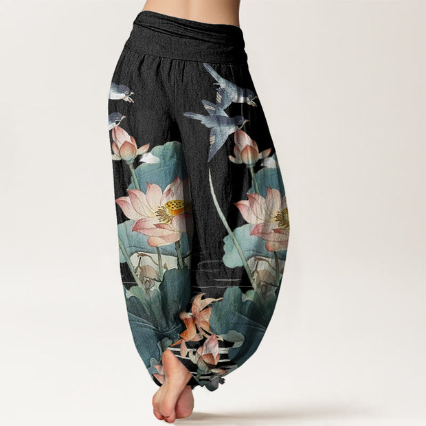 Buddha Stones Casual Summer Lotus Pond Pattern Women's Elastic Waist Harem Pants - image 7