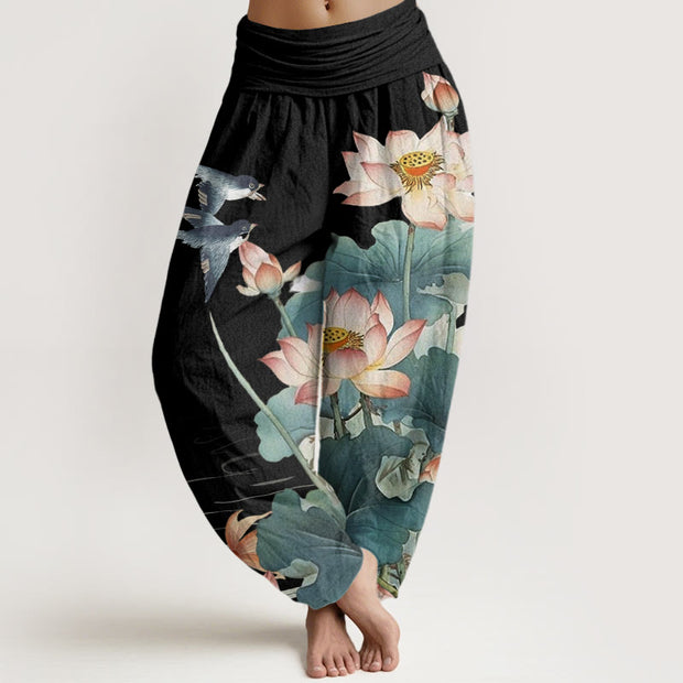 Buddha Stones Casual Summer Lotus Pond Pattern Women's Elastic Waist Harem Pants - Black - US22，UK/AU26，EU54 (6XL) - image 5