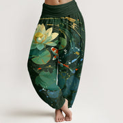 Buddha Stones Casual Summer Lotus Pond Koi Fish Pattern Women's Elastic Waist Harem Pants - DarkGreen - US22，UK/AU26，EU54 (6XL) - image 5