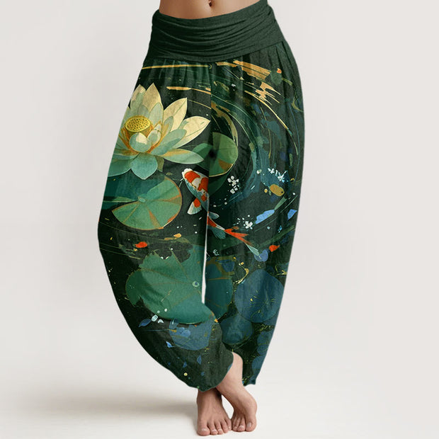 Buddha Stones Casual Summer Lotus Pond Koi Fish Pattern Women's Elastic Waist Harem Pants - DarkGreen - US22，UK/AU26，EU54 (6XL) - image 5