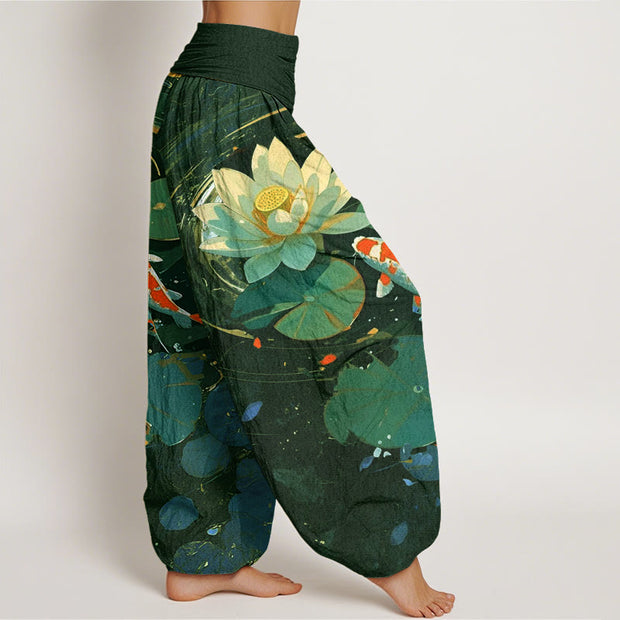 Buddha Stones Casual Summer Lotus Pond Koi Fish Pattern Women's Elastic Waist Harem Pants - image 7
