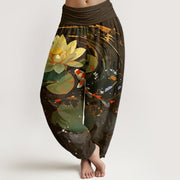 Buddha Stones Casual Summer Lotus Pond Koi Fish Pattern Women's Elastic Waist Harem Pants - SaddleBrown - US22，UK/AU26，EU54 (6XL) - image 9