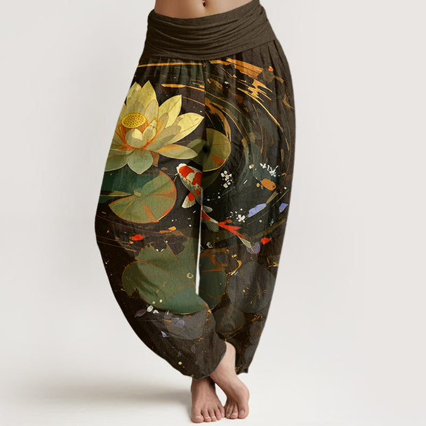 Buddha Stones Casual Summer Lotus Pond Koi Fish Pattern Women's Elastic Waist Harem Pants - SaddleBrown - US22，UK/AU26，EU54 (6XL) - image 9