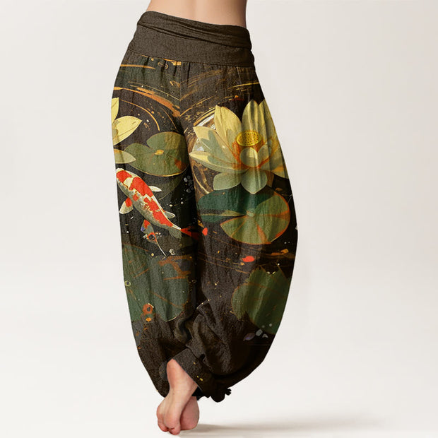 Buddha Stones Casual Summer Lotus Pond Koi Fish Pattern Women's Elastic Waist Harem Pants - image 11