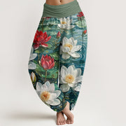 Buddha Stones Casual Blooming Red Lotus Flower Pattern Women's Elastic Waist Harem Pants - ForestGreen - US22，UK/AU26，EU54 (6XL) - image 1