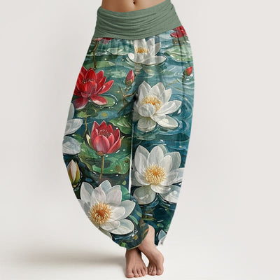 Buddha Stones Casual Blooming Red Lotus Flower Pattern Women's Elastic Waist Harem Pants - ForestGreen - US22，UK/AU26，EU54 (6XL) - image 1