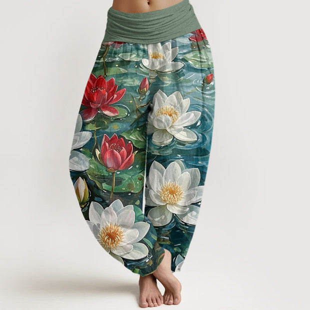 Buddha Stones Casual Blooming Red Lotus Flower Pattern Women's Elastic Waist Harem Pants - ForestGreen - US22，UK/AU26，EU54 (6XL) - image 1