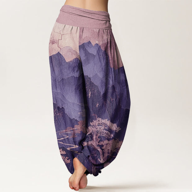 Buddha Stones Casual Mountains Trees Branches Pattern Women's Elastic Waist Harem Pants - image 10