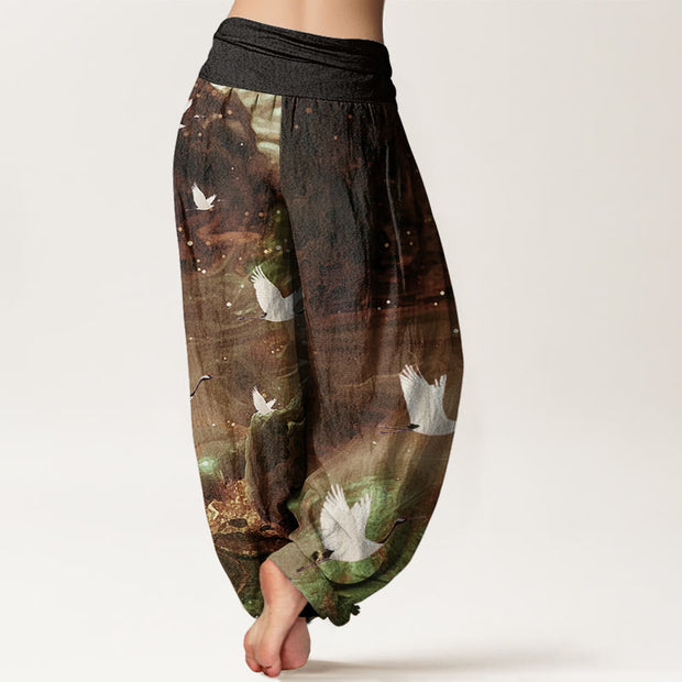 Buddha Stones Casual Flying Crane Pattern Women's Elastic Waist Harem Pants - image 8