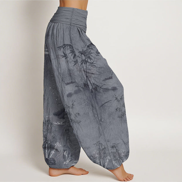 Buddha Stones Pure Cotton Casual Bamboo Rock Ink Painting Women's Elastic Waist Harem Pants
