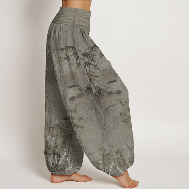 Buddha Stones Pure Cotton Casual Bamboo Rock Ink Painting Women's Elastic Waist Harem Pants