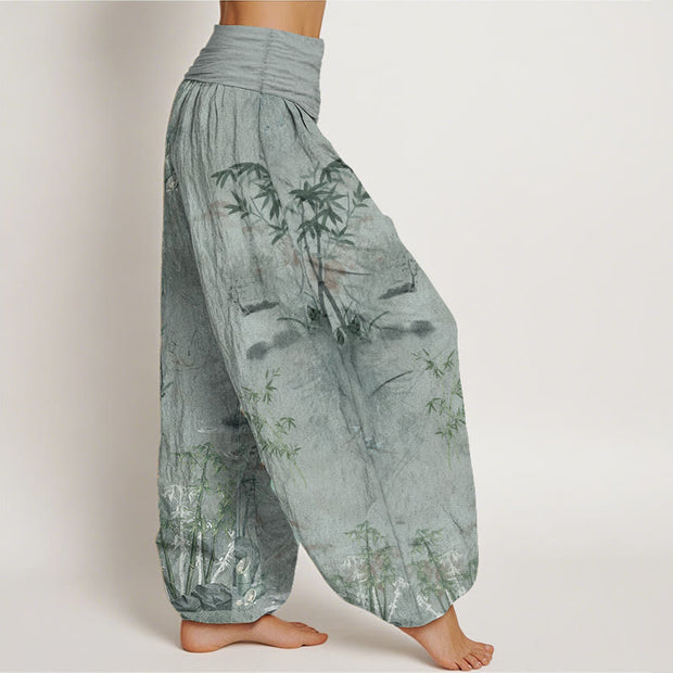 Buddha Stones Pure Cotton Casual Bamboo Rock Ink Painting Women's Elastic Waist Harem Pants