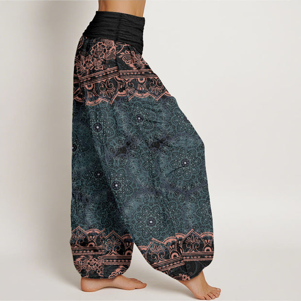 Buddha Stones Pure Cotton Elegant Mandala Flowers Design Women's Elastic Waist Harem Pants