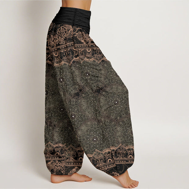 Buddha Stones Pure Cotton Elegant Mandala Flowers Design Women's Elastic Waist Harem Pants