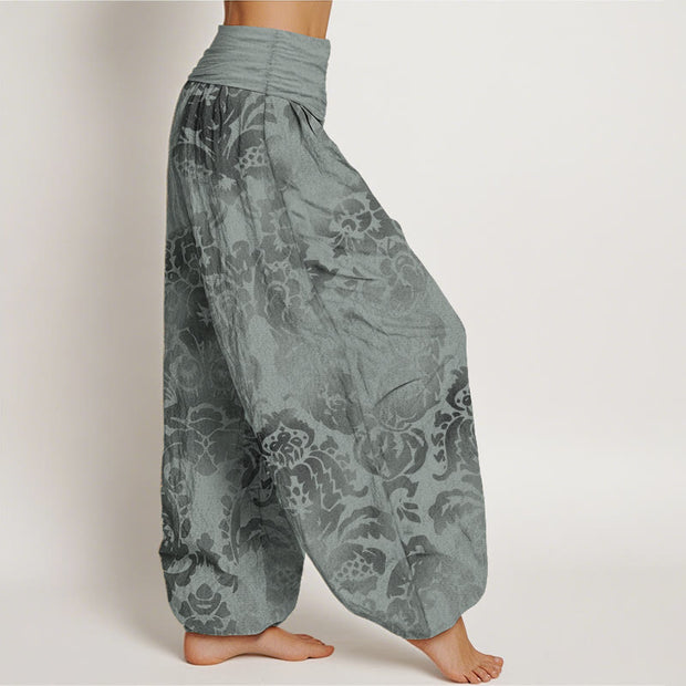Buddha Stones Pure Cotton Casual Flower Leaves Design Women's Elastic Waist Harem Pants