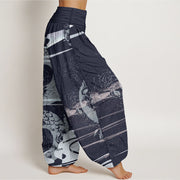 Buddha Stones Pure Cotton Auspicious Clouds With Snake Pattern Women's Elastic Waist Harem Pants