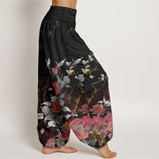 Buddha Stones Pure Cotton Blooming Roses Pattern Women's Elastic Waist Harem Pants