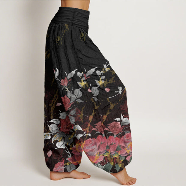 Buddha Stones Pure Cotton Blooming Roses Pattern Women's Elastic Waist Harem Pants