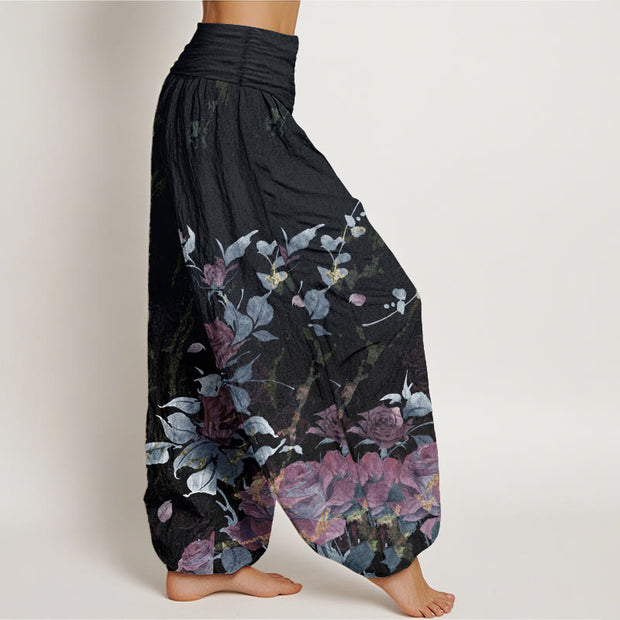 Buddha Stones Pure Cotton Blooming Roses Pattern Women's Elastic Waist Harem Pants