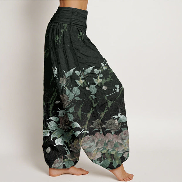 Buddha Stones Pure Cotton Blooming Roses Pattern Women's Elastic Waist Harem Pants
