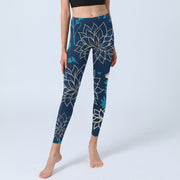 Buddha Stones Beige Flowers Blue Leaves Print Gym Leggings Women's Yoga Pants - image 6