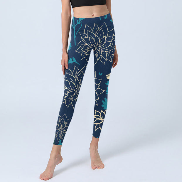 Buddha Stones Beige Flowers Blue Leaves Print Gym Leggings Women's Yoga Pants - image 6