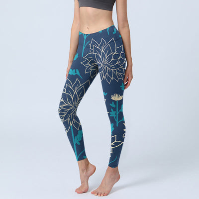 Buddha Stones Beige Flowers Blue Leaves Print Gym Leggings Women's Yoga Pants - SteelBlue - US18，UK/AU22，EU50 (4XL) - image 1
