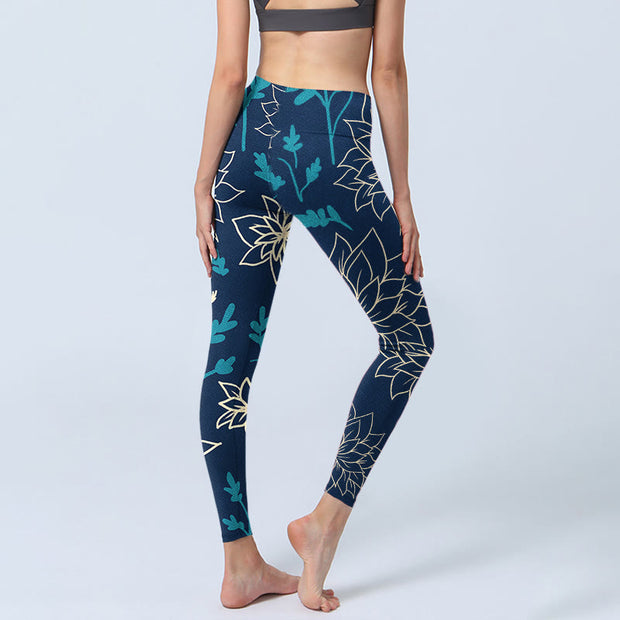 Buddha Stones Beige Flowers Blue Leaves Print Gym Leggings Women's Yoga Pants - image 5