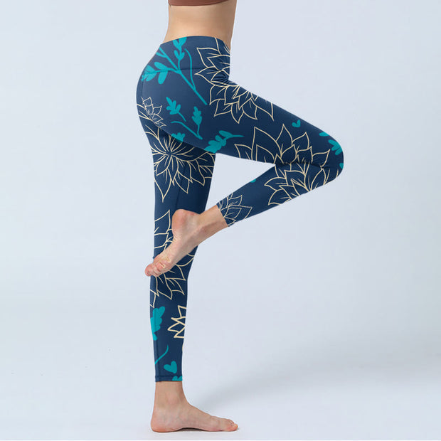 Buddha Stones Beige Flowers Blue Leaves Print Gym Leggings Women's Yoga Pants - image 4