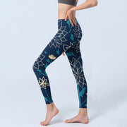 Buddha Stones Beige Flowers Blue Leaves Print Gym Leggings Women's Yoga Pants - image 3