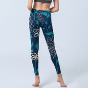 Buddha Stones Beige Flowers Blue Leaves Print Gym Leggings Women's Yoga Pants - image 7