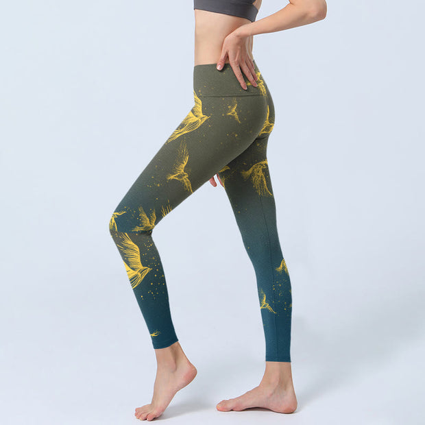 Buddha Stones Golden Flying Birds Print Gym Leggings Women's Yoga Pants - image 3