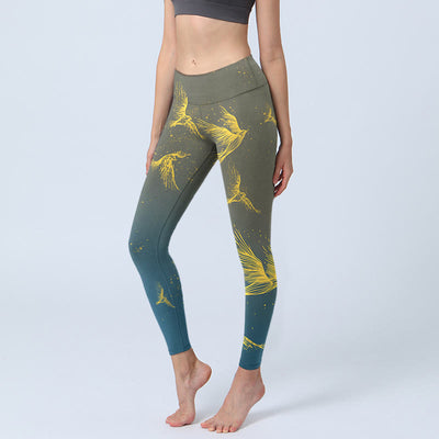 Buddha Stones Golden Flying Birds Print Gym Leggings Women's Yoga Pants - SlateGray - US18，UK/AU22，EU50 (4XL) - image 1
