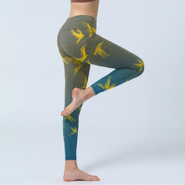 Buddha Stones Golden Flying Birds Print Gym Leggings Women's Yoga Pants - image 4