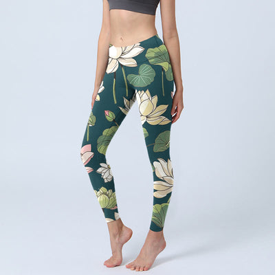 Buddha Stones Beige Pink Lotus Flowers Leaves Print Gym Leggings Women's Yoga Pants - Teal - US18，UK/AU22，EU50 (4XL) - image 1