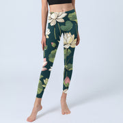 Buddha Stones Beige Pink Lotus Flowers Leaves Print Gym Leggings Women's Yoga Pants - image 6