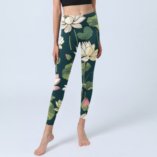 Buddha Stones Beige Pink Lotus Flowers Leaves Print Gym Leggings Women's Yoga Pants - image 6
