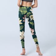 Buddha Stones Beige Pink Lotus Flowers Leaves Print Gym Leggings Women's Yoga Pants - image 7