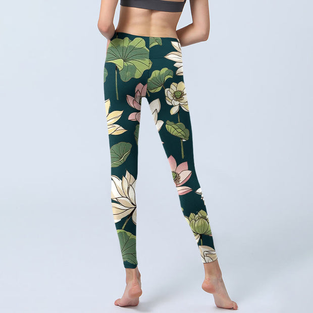Buddha Stones Beige Pink Lotus Flowers Leaves Print Gym Leggings Women's Yoga Pants - image 7