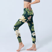 Buddha Stones Beige Pink Lotus Flowers Leaves Print Gym Leggings Women's Yoga Pants - image 3
