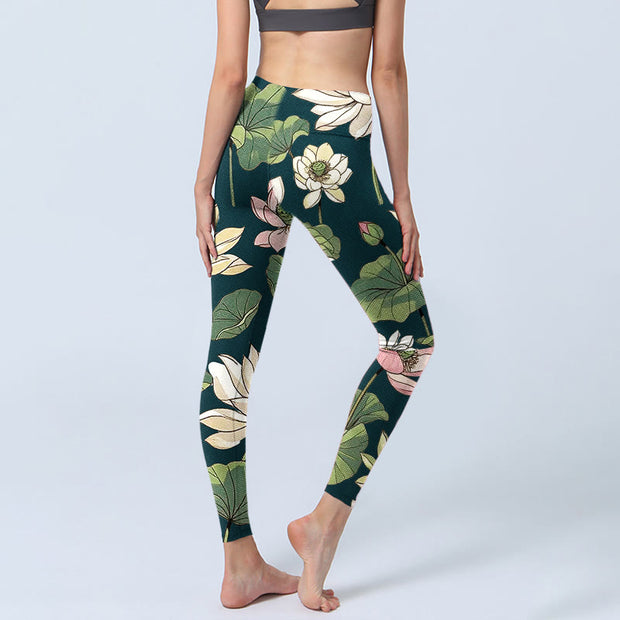Buddha Stones Beige Pink Lotus Flowers Leaves Print Gym Leggings Women's Yoga Pants - image 5