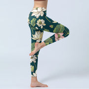 Buddha Stones Beige Pink Lotus Flowers Leaves Print Gym Leggings Women's Yoga Pants - image 4