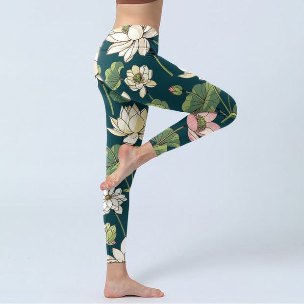 Buddha Stones Beige Pink Lotus Flowers Leaves Print Gym Leggings Women's Yoga Pants - image 4