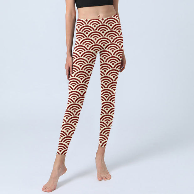 Buddha Stones Red Beige Fan Shapes Print Gym Leggings Women's Yoga Pants - image 6